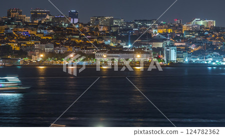 Aerial night timelapse of Lisbon skyline with illuminated Amoreiras towers, Santos district Aerial night timelapse of Lisbon skyline with illuminated Amoreiras towers, Santos district 124782362