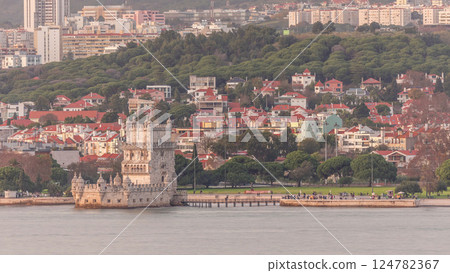 Aerial view of Belem Tower timelapse, one the most famous landmark in the city of Lisbon, Portugal. 124782367