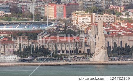 Aerial timelapse of Mosteiro dos Jeronimos and Monument to the Discoveries in the Belem district of Lisbon, Portugal. Aerial timelapse of Mosteiro dos Jeronimos and Monument to the Discoveries in the Belem district of Lisbon, Portugal. 124782369
