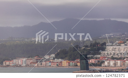 Aerial timelapse of Torre VTS de Lisboa, Lisbon's Vessel Traffic System tower for maritime coordination 124782371