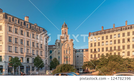 Hyperlapse of Place Antonin Jutard and the Mutuality Palace facade from the waterfront near Guillotiere Bridge in Lyon, France. 124782396