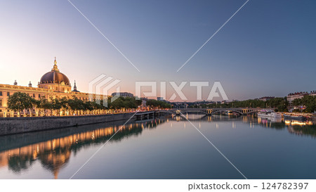 The Grand Hotel-Dieu Day to night transition timelapse hyperlapse in Lyon, France. 124782397