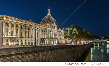The Grand Hotel-Dieu night timelapse hyperlapse in Lyon, France. 124782398