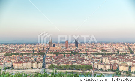 Timelapse panoramic aerial view of Lyon during sunset from Fourviere Hill. France 124782400