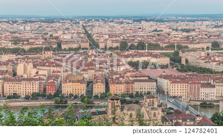 Timelapse panoramic aerial view of Lyon during sunset from Fourviere Hill. France 124782401