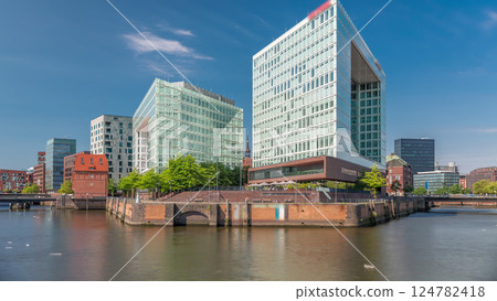 Timelapse of Hamburg HafenCity skyline at Ericusgraben with a view of modern Spiegel office buildings Timelapse of Hamburg HafenCity skyline at Ericusgraben with a view of modern Spiegel office buildings 124782418