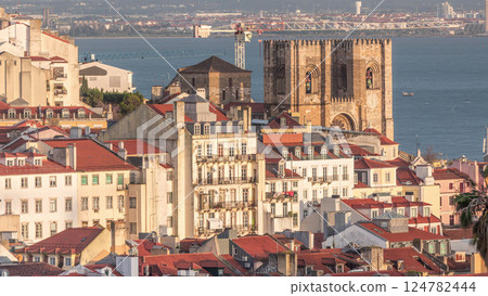 The Lisbon Cathedral the Se surrounded by residential houses of Alfama and Baixa aerial timelapse. Portugal 124782444