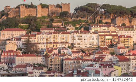 Castle Castelo de Sao Jorge Belevedere aerial timelapse from Miradoura de Sao Pedro de Alcantara viewpoint. Portugal 124782445