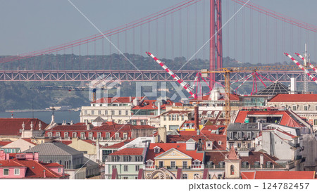 Aerial view towards Barrio Alto and 25th of April Bridge timelapse, Lisbon, Portugal. 124782457
