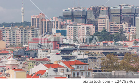 Aerial view of Lisbon skyline with Amoreiras shopping center towers. Historic buildings district with green trees timelapse Aerial view of Lisbon skyline with Amoreiras shopping center towers. Historic buildings district with green trees timelapse 124782462