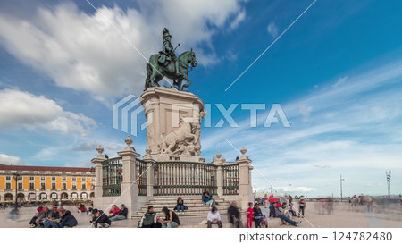 Praca do Comercio or Commerce Plaza. Statue of King Jose I timelapse hyperlapse. Praca do Comercio or Commerce Plaza. Statue of King Jose I timelapse hyperlapse. 124782480