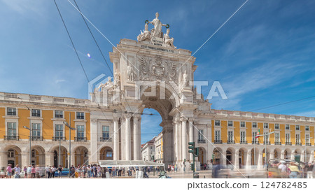 Rua Augusta Arch timelapse hyperlapse on Praca do Comercio. Lisbon, Portugal, Europe. 124782485