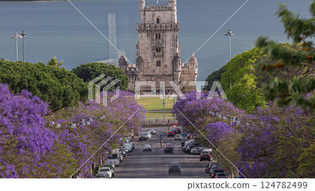 View of Avenida Torre de Belem timelapse, with cars and the Belem Tower in the background. Lisbon, Portugal View of Avenida Torre de Belem timelapse, with cars and the Belem Tower in the background. Lisbon, Portugal 124782499