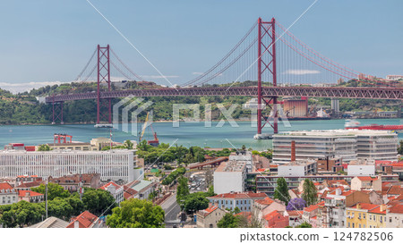 The 25th April Bridge aerial timelapse, Ponte 25 de Abril in Portuguese, longest suspension bridge in Europe. Lisbon, Portugal 124782506