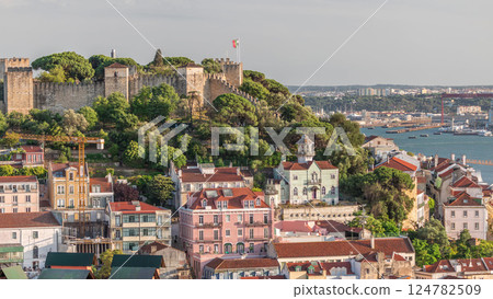 The Castelo de Sao Jorge or St George's Castle aerial timelapse, on its hill overlooking the city of Lisbon, Portugal. The Castelo de Sao Jorge or St George's Castle aerial timelapse, on its hill overlooking the city of Lisbon, Portugal. 124782509