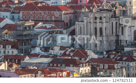 Baixa district with Santa Justa Lift timelapse also called Carmo Lift and Convento da Ordem do Carmo historical church. Lisbon 124782511