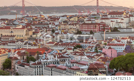 Tagus River and Bridge April 25 or Ponte 25 de Abril aerial timelapse above Orange Roofs of houses in Lisbon, Portugal. Tagus River and Bridge April 25 or Ponte 25 de Abril aerial timelapse above Orange Roofs of houses in Lisbon, Portugal. 124782513