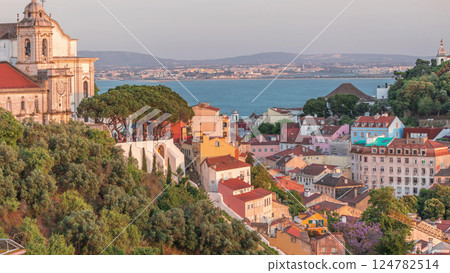 Tourists at the viewpoint Miradouro da Graca look at Lisbon overview aerial timelapse. Portugal 124782514