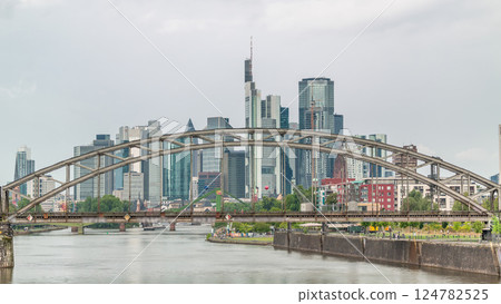 Aerial timelapse of Frankfurt's skyline through the arch of Deutschherrnbrucke Railway Bridge. Germany Aerial timelapse of Frankfurt's skyline through the arch of Deutschherrnbrucke Railway Bridge. Germany 124782525