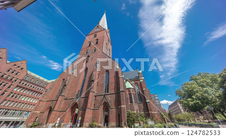 St. Peter's Church or Hauptkirche St. Petri timelapse hyperlapse in Hamburg, Germany. St. Peter's Church or Hauptkirche St. Petri timelapse hyperlapse in Hamburg, Germany. 124782533