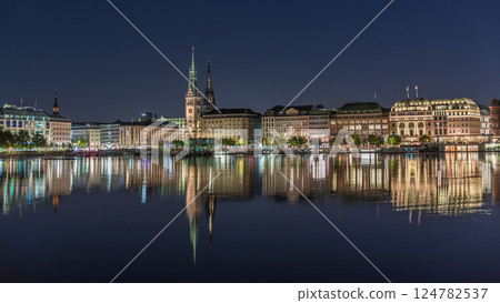 Night timelapse of Binnenalster in Hamburg, Germany, with City Hall and Nikolai Church. Night timelapse of Binnenalster in Hamburg, Germany, with City Hall and Nikolai Church. 124782537