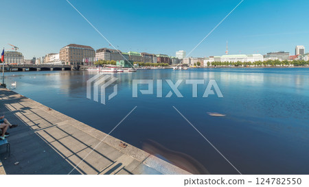 Panorama showing Binnenalster timelapse in Hamburg, Germany, with boat station. 124782550