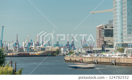 Timelapse of Hamburg cargo port, showcasing container terminals, cranes and cargo ships on the Elbe River. 124782552
