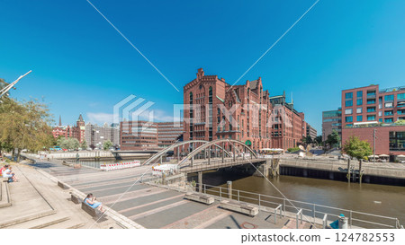 Panorama showing famous old Speicherstadt in Hamburg timelapse featuring the International Maritime Museum, Germany Panorama showing famous old Speicherstadt in Hamburg timelapse featuring the International Maritime Museum, Germany 124782553