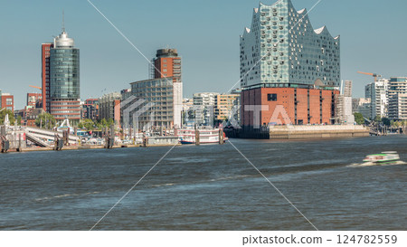 Timelapse of Hamburg's iconic Elbphilharmonie concert hall, with ships and boats in the foreground. Germany Timelapse of Hamburg's iconic Elbphilharmonie concert hall, with ships and boats in the foreground. Germany 124782559