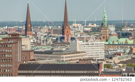 Aerial timelapse of Hamburg's historic city center skyline with iconic towers and spires. Germany Aerial timelapse of Hamburg's historic city center skyline with iconic towers and spires. Germany 124782563