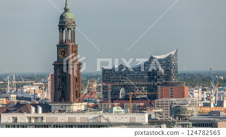 Aerial timelapse of Hamburg's historic city center skyline with iconic towers and spires. Germany 124782565