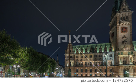 Panorama showing a building of the Hamburg City Hall night timelapse, the seat of the government of Hamburg, Germany Panorama showing a building of the Hamburg City Hall night timelapse, the seat of the government of Hamburg, Germany 124782570