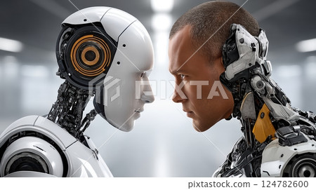 Futuristic human-cyborg interaction in technology-enhanced environment highlighting artificial intelligence 124782600
