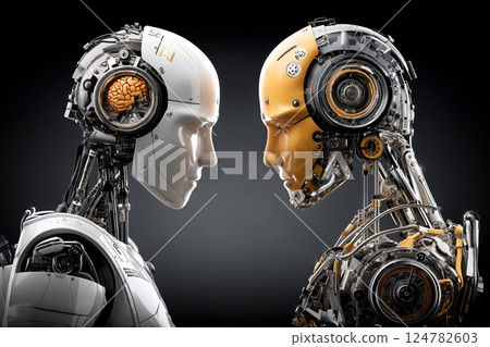 Futuristic robotic figures facing each other with visible mechanical, two robots conflict 124782603
