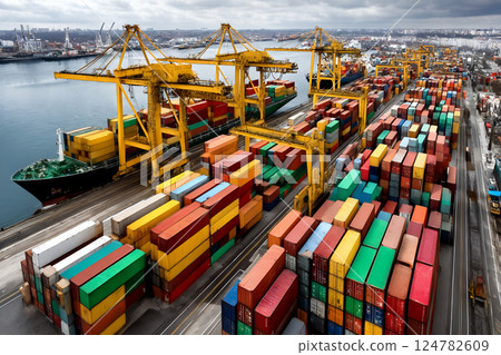 Aerial view of busy cargo container port with large cranes and ship docked at waterfront 124782609