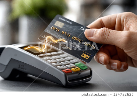 Bank card payment technology demonstrated at pos terminal with contactless data transfer for modern transactions 124782625