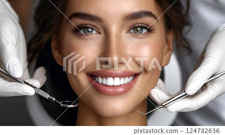 Smiling young woman at dental checkup with dentist using instruments for oral health examination 124782636