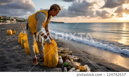 Woman cleaning beach; collecting plastic waste on beach at sunset; environmental conservation 124782637