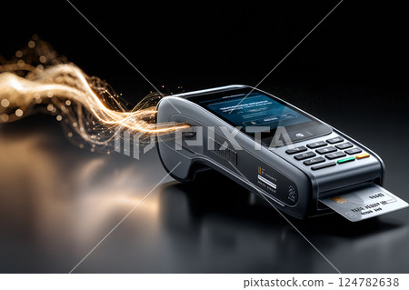 Modern payment terminal with secure credit card transaction and digital data flow 124782638