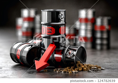 Oil barrels and red arrow illustrating economic decline with coins in focus on industrial background Oil barrels and red arrow illustrating economic decline with coins in focus on industrial background 124782639