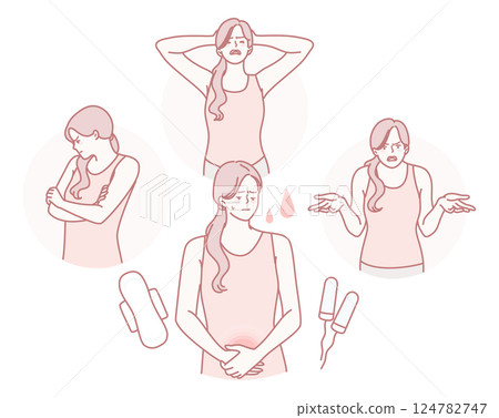 An illustration showing the diverse emotions women experience during their menstrual cycle 124782747