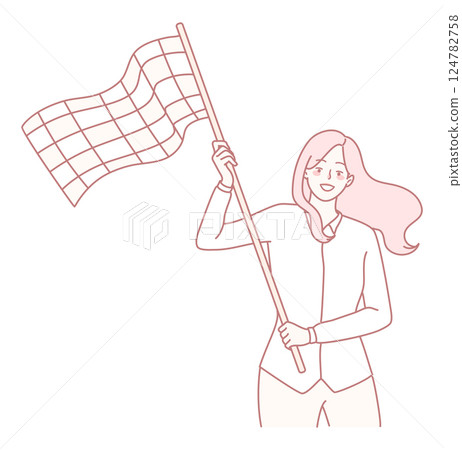 Illustration of a Cheerful Woman Holding a Checkered Flag, portraying a sense of achievement and celebration 124782758