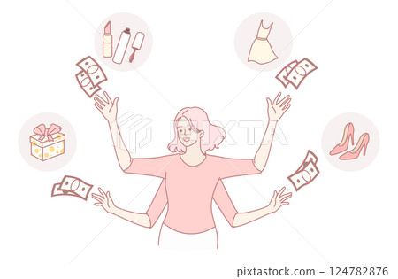 An illustration highlighting juggling Fashion, Beauty, and Finance, focusing on multitasking 124782876