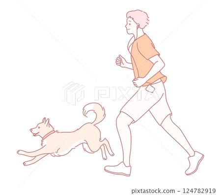 A person joyfully jogging with their pet dog in a vibrant scene of health and happiness A person joyfully jogging with their pet dog in a vibrant scene of health and happiness 124782919