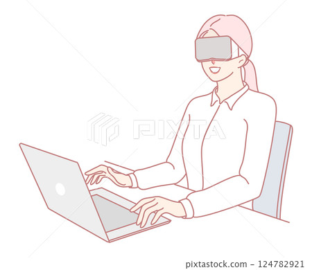 A woman wears a VR headset while working on her laptop in a modern office, blending technology and productivity 124782921