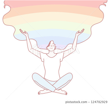 Artistic illustration of a woman meditating with joyful, serene rainbow hair colors 124782929