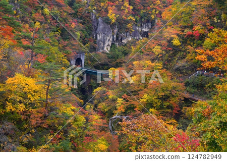 Naruko Gorge railway tracks surrounded by autumn leaves Naruko Gorge railway tracks surrounded by autumn leaves 124782949