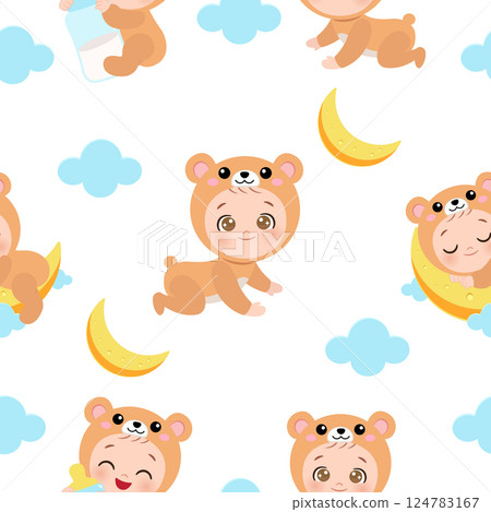 Cute baby in bear costume seamless pattern Cute baby in bear costume seamless pattern 124783167