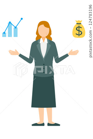 A simple illustration of a business woman in a business suit analyzing sales and graphs 124783196