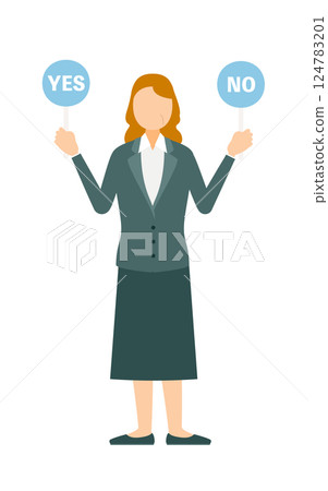 一個簡單的例子，一位穿著西裝的女商人拿著一根「是」或「否」的棍子 124783201